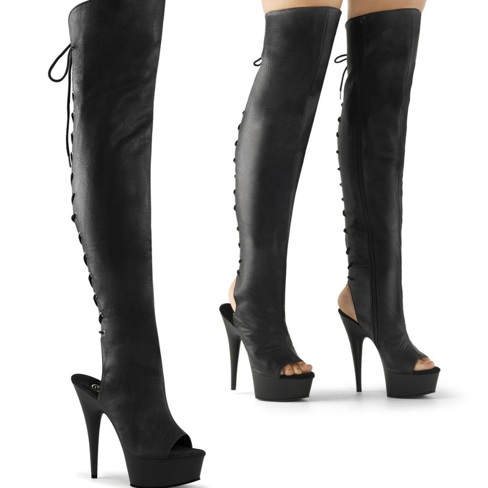 Pleaser Delight 3019 Black Faux Leather Platform Stilettos Over The Knee Boots